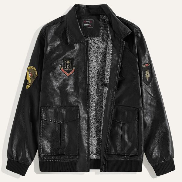 

Men Fleece Lined Patched PU Jacket, Black