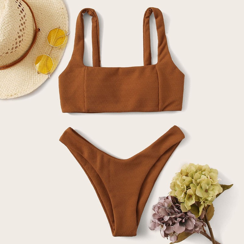 

Textured High Cut Bikini Swimsuit, Brown
