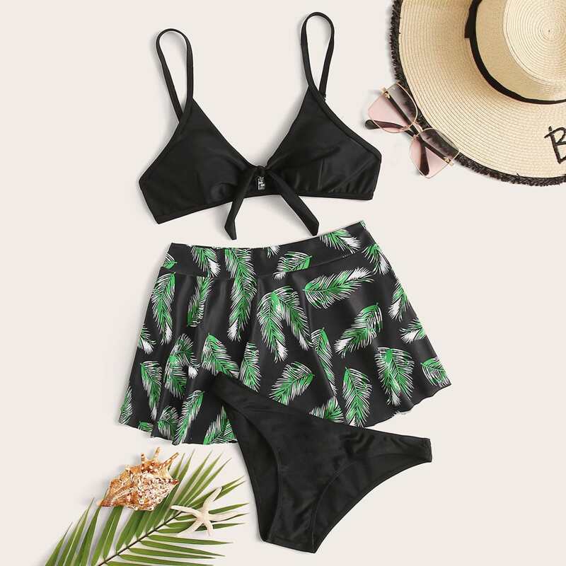 

3pcs Palm Print Knot Front Co-ord Bikini Set, Multicolor