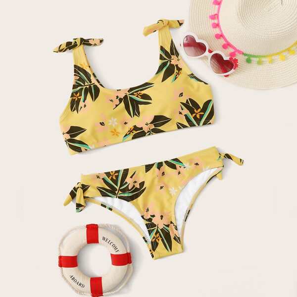 

Girls Plant Print Bikini Set, Yellow