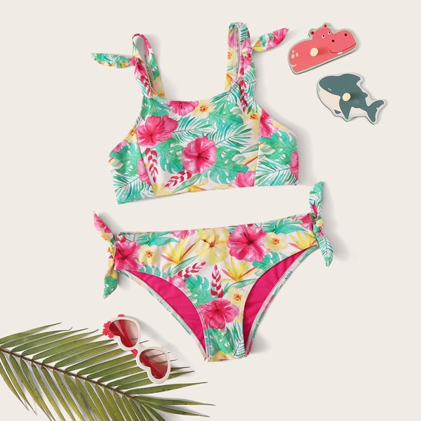 

Girls Tropical Top With High Waist Bikini Set, Multicolor