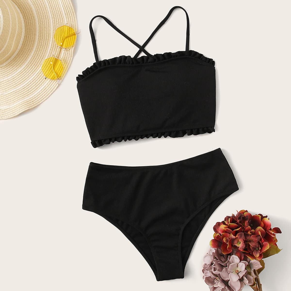 

Rib Frill Trim Lace-up Back Top With High Waisted Bikini, Black