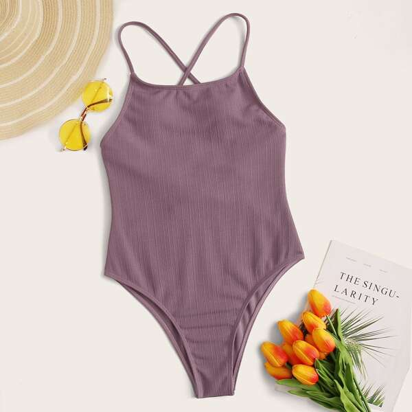 

Textured Lace-up Back One Piece Swimwear, Purple