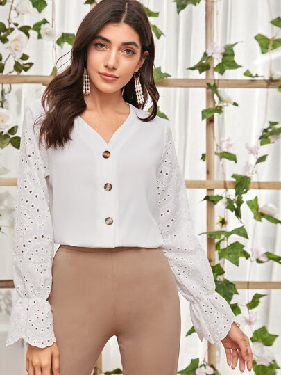 Flounce Sleeve Eyelet Embroidery Blouse