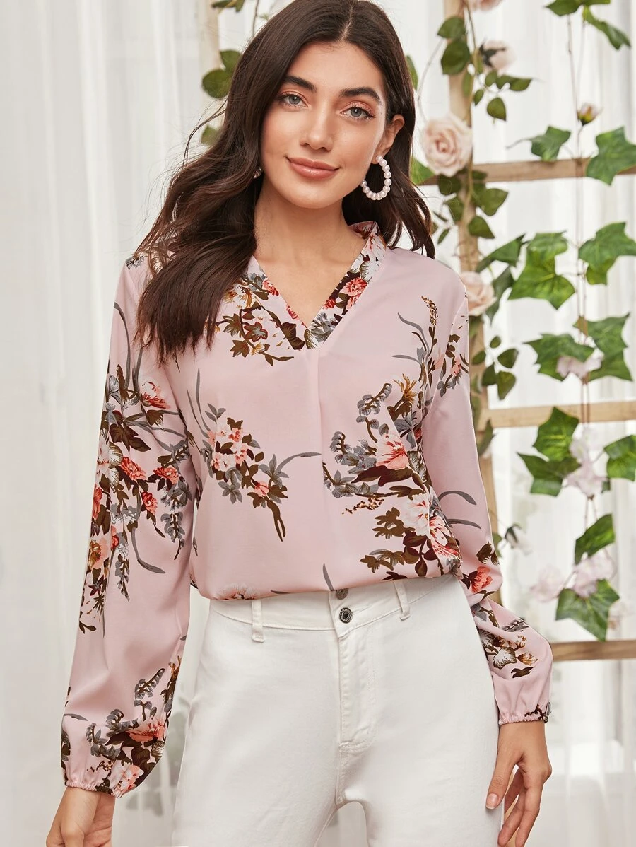 V-Neck Floral Print Blouse - Dusty Pink - View 1