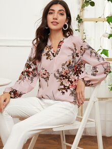 V-Neck Floral Print Blouse - Dusty Pink - View 3
