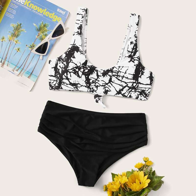 

Marble Pattern Knot Hem Bikini Set, Black and white