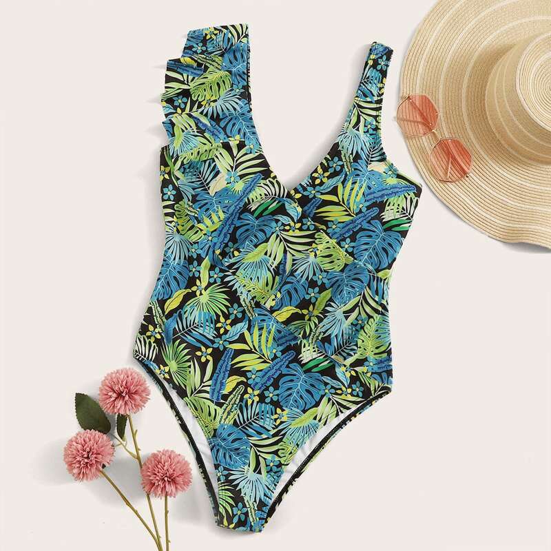 

Tropical Ruffle Trim One Piece Swimwear, Multicolor