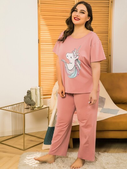 Plus Cartoon Unicorn Print PJ Set