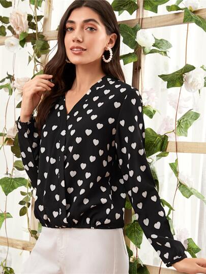 Heart Print Surplice Front Blouse
