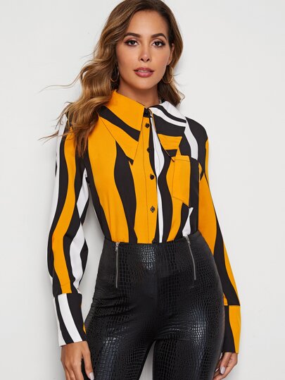 Striped Pocket Front Button Up Blouse