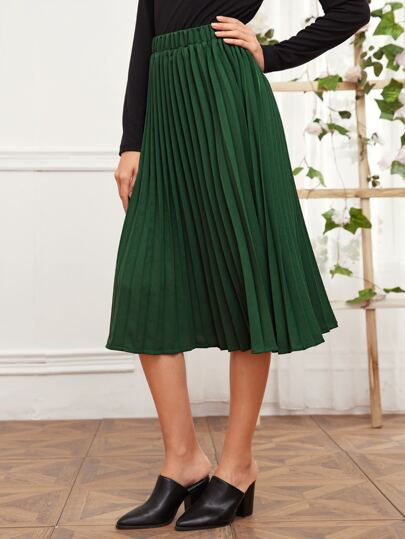 Elastic Waist Pleated Solid Skirt
