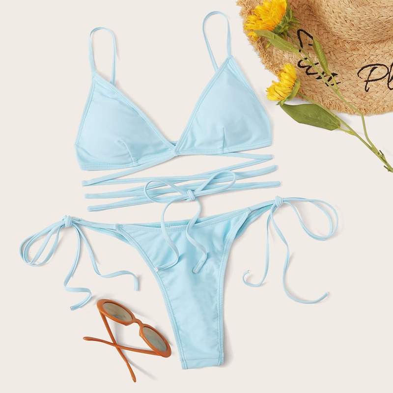

Criss Cross Triangle Top With Tie Side Bikini Set, Blue