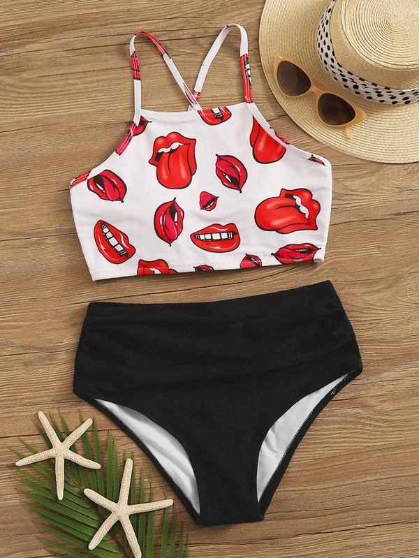 Mouth Print Lace Up Back Top With High Waisted Bikini Shein Usa