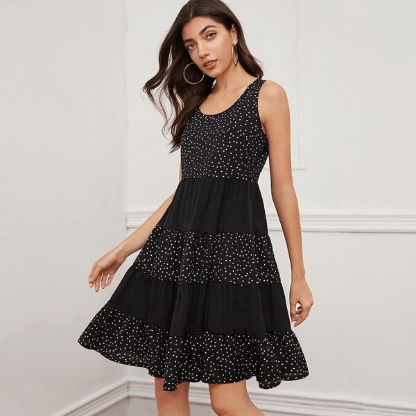 

Polka Dot Flounce Hem Sleeveless Dress, Black