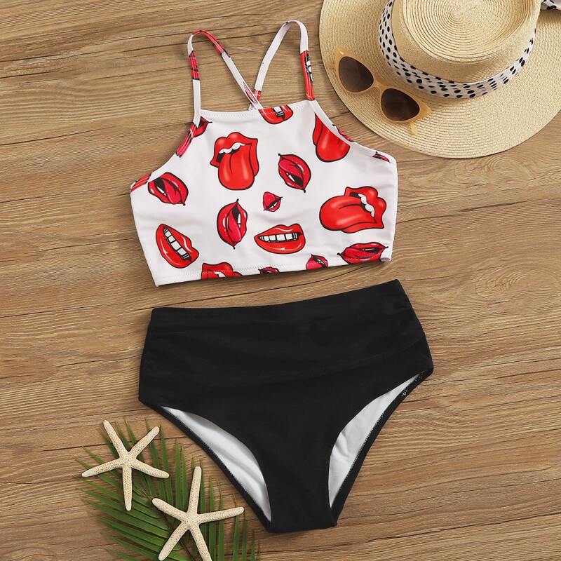 

Mouth Print Lace-up Back High Waisted Bikini Swimsuit, Multicolor