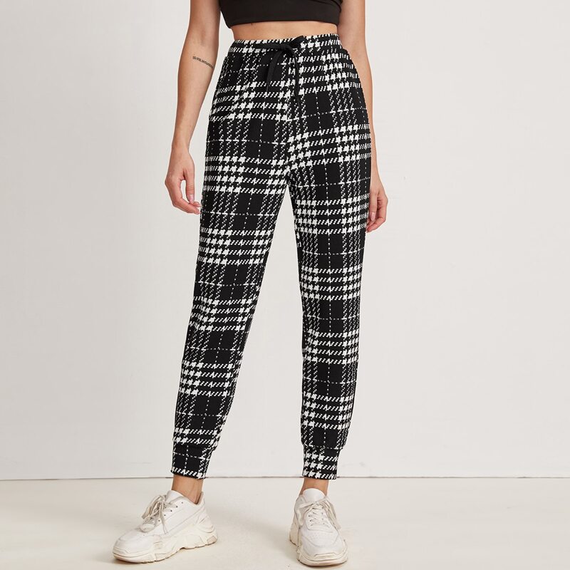 

Plaid Drawstring Waist Carrot Pants, Black and white