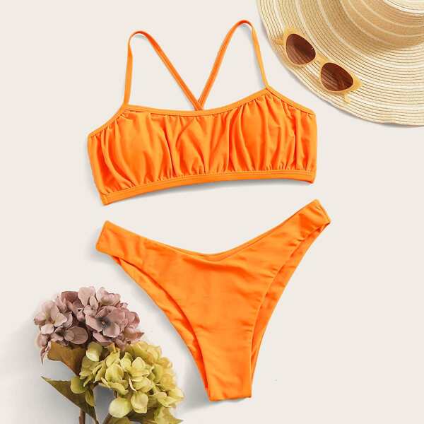 

Ruched Lace-up Top With High Cut Bikini Set, Yellow
