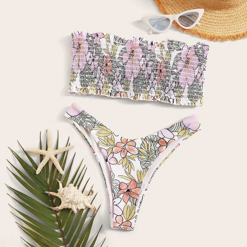 

Floral Smocked Bandeau High Cut Bikini Swimsuit, Multicolor
