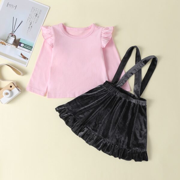 

Toddler Girls Ruffle Tee With Velvet Pinafore Skirt, Multicolor