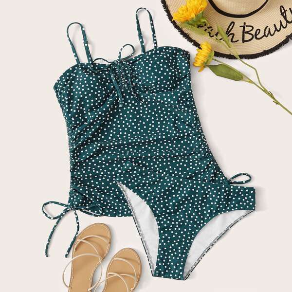 

Polka Dot Tie Front Top With High Cut Tankini, Green
