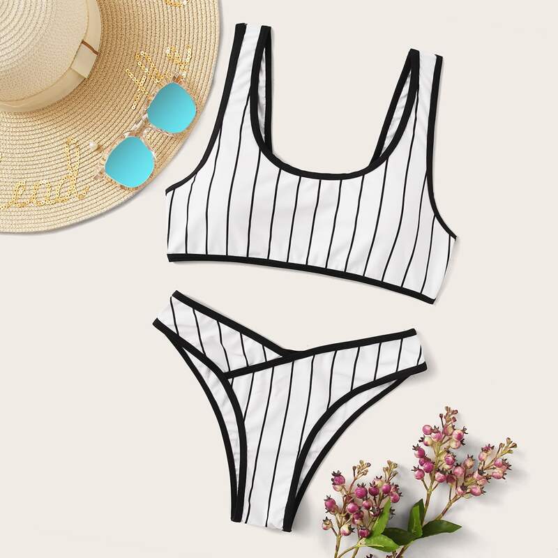 

Striped Top With High Cut Bikini Set, Black and white