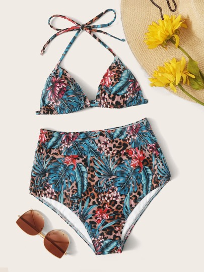 Tropical Triangle Top With High Waist Bikini Set