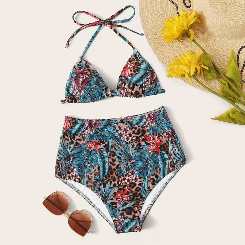 

Tropical Triangle Top With High Waist Bikini Set, Multicolor