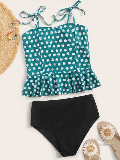Floral Print Ruffle Trim Top With High Waist Tankini