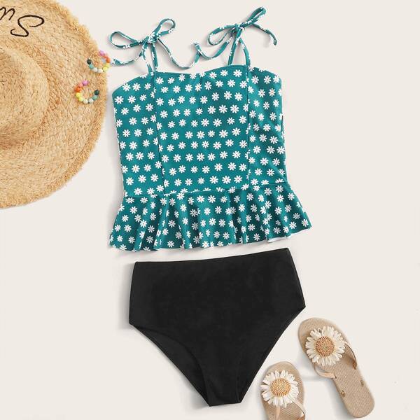

Floral Print Ruffle Trim Top With High Waist Tankini, Multicolor