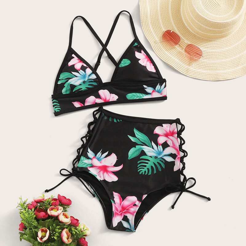 

Floral Triangle Lace-up Bikini Swimsuit, Multicolor