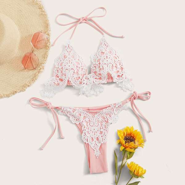 

Contrast Lace Halter Triangle Tie Side Bikini Swimsuit, Baby pink
