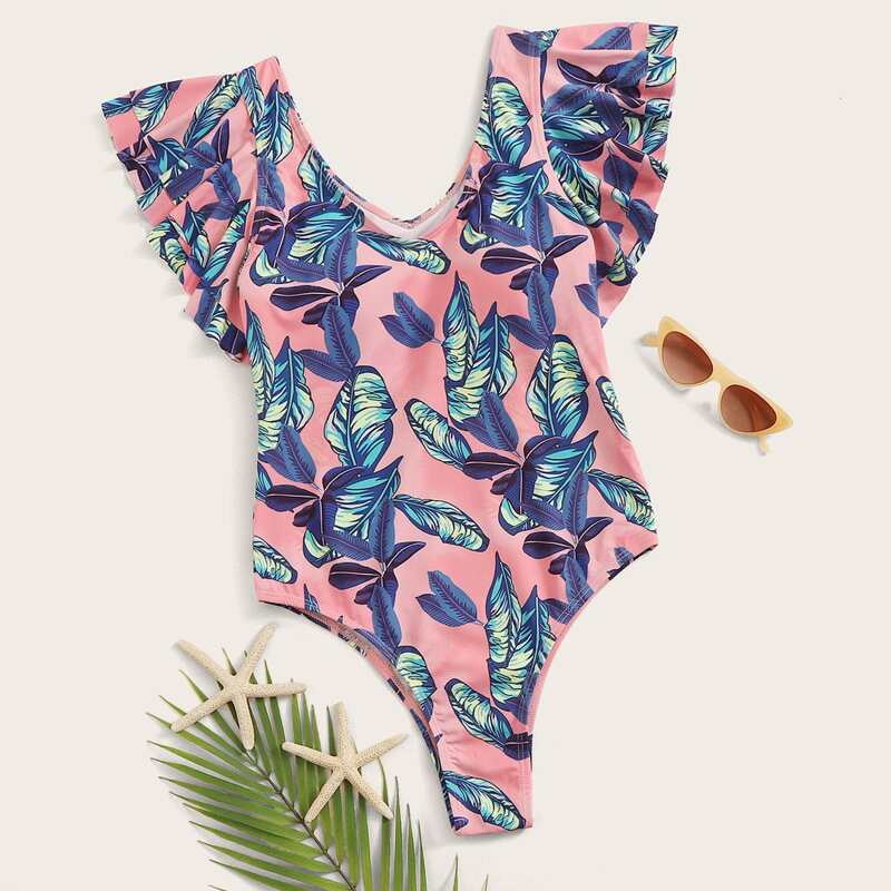 

Palm Print Ruffle Trim One Piece Swimsuit, Multicolor