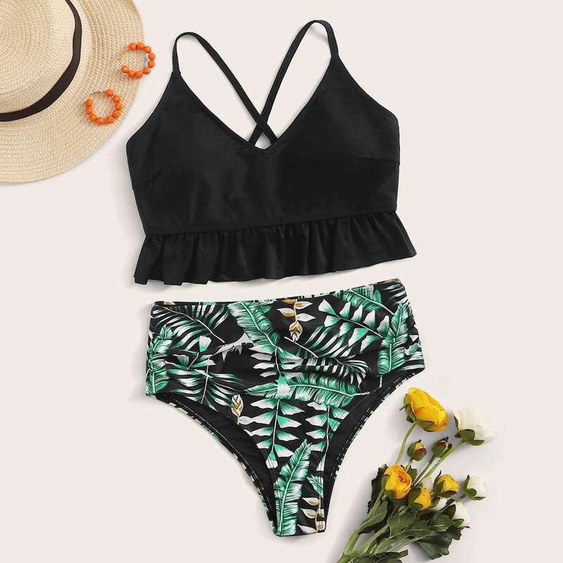 

Palm Print Lace-up High Waisted Bikini Swimsuit, Multicolor