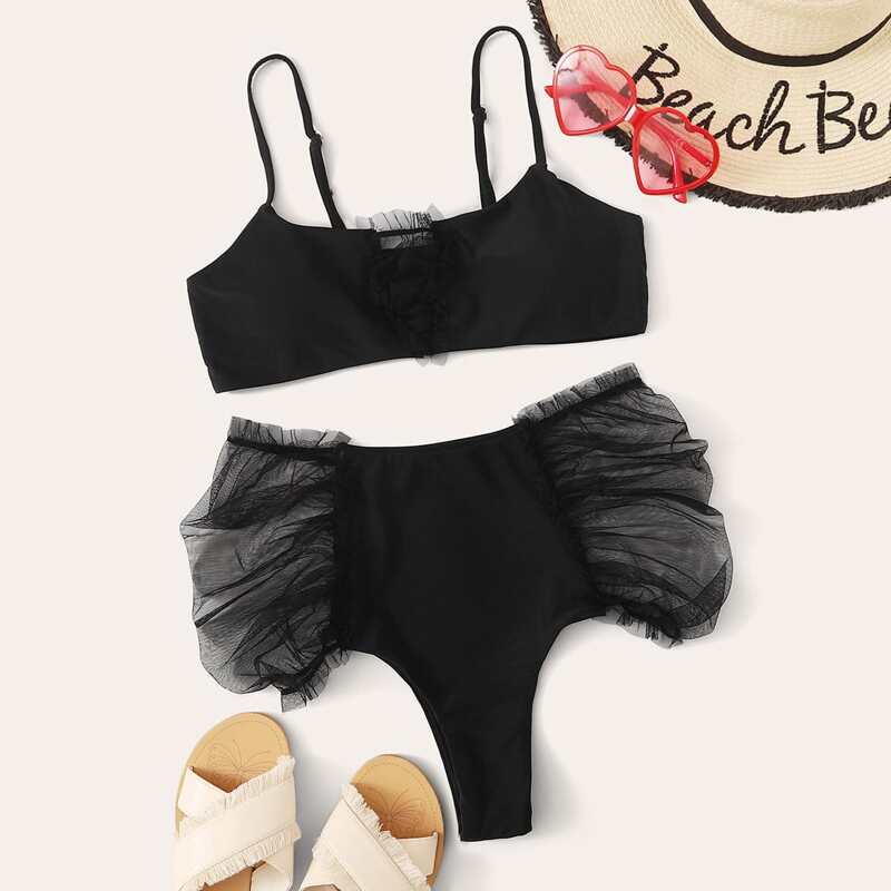 

Contrast Mesh Top With High Waisted Bikini Set, Black