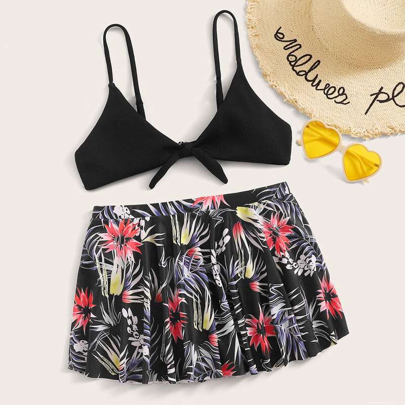 

Tropical Knot Front Skirts Bikini Swimsuit, Multicolor