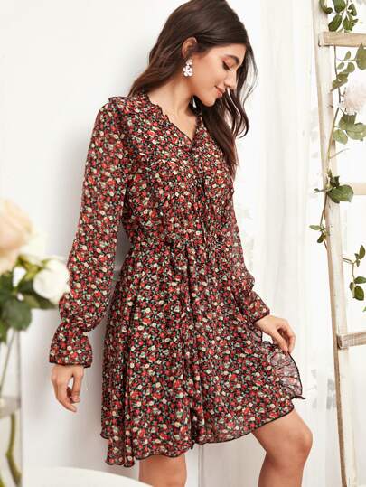 Ditsy Floral Print Knot Front Ruffle Trim Dress