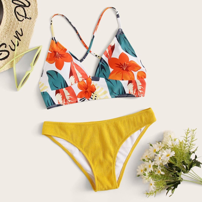 

Floral Random Print Lace-up Back Bikini Swimsuit, Multicolor