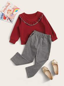 SHEIN Sudadera de Niñas ribete fruncido con pantalones de guingán - Multicolor - Ver 1