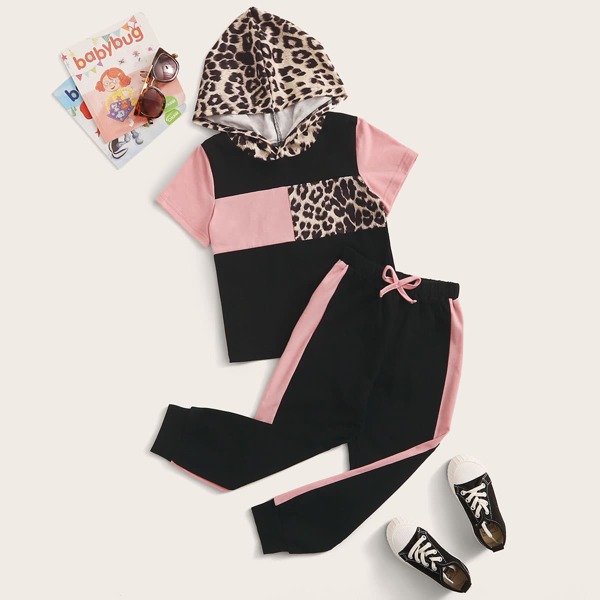 

Контрастная леопардовая футболка с капюшоном и спортивные брюки для девочек, Многоцветный