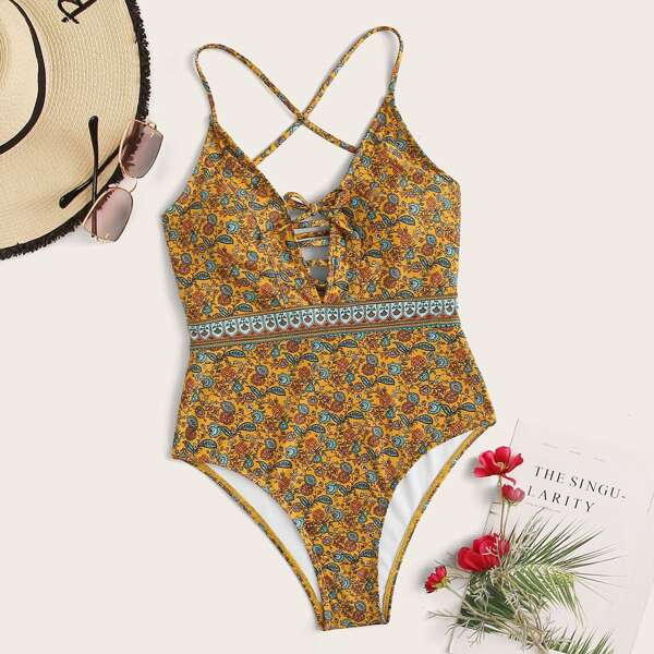 

Floral Random Print Lace-up Back One Piece Swimwear, Multicolor