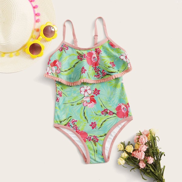 

Toddler Girls Floral Print Ruffle Trim One Piece Swimwear, Green