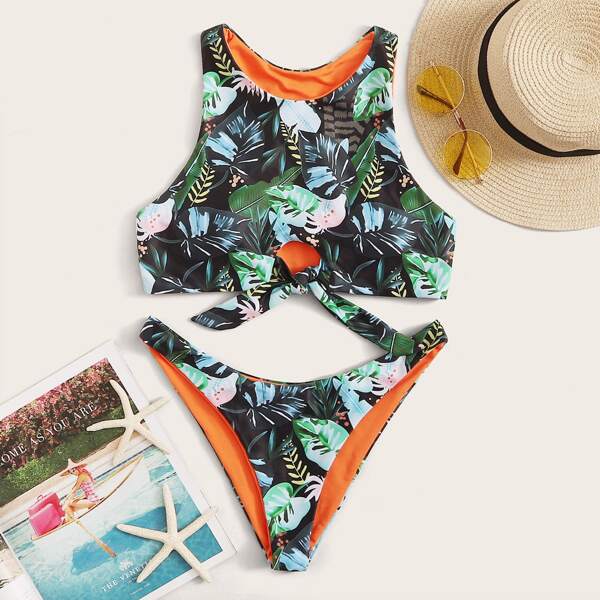 

Palm Print Knot Front Top With High Cut Bikini Set, Multicolor