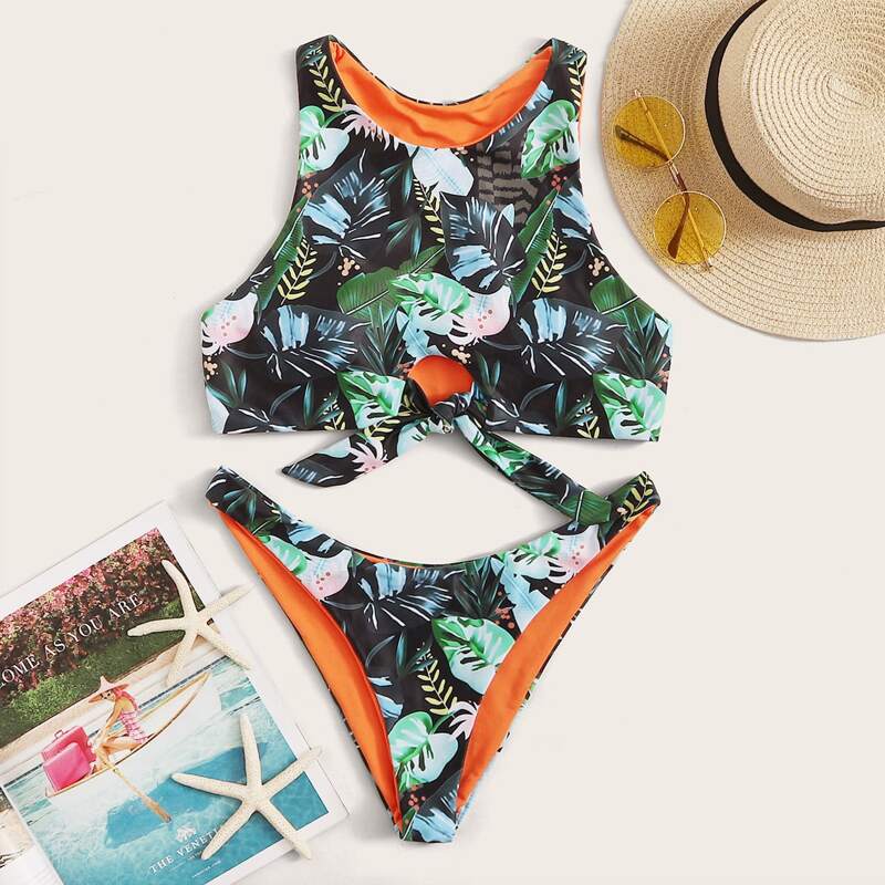 

Palm Print Knot Front Top With High Cut Bikini Set, Multicolor