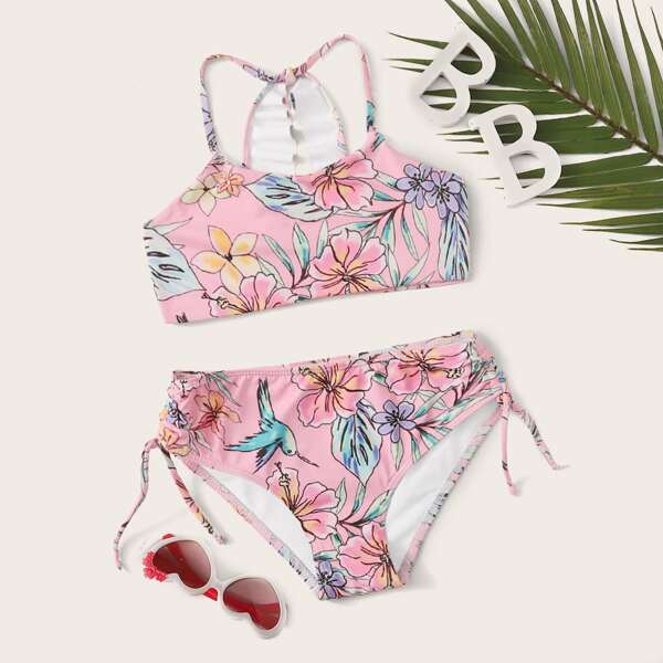 

Girls Floral Random Print Top With Tie Side Bikini Set, Pink