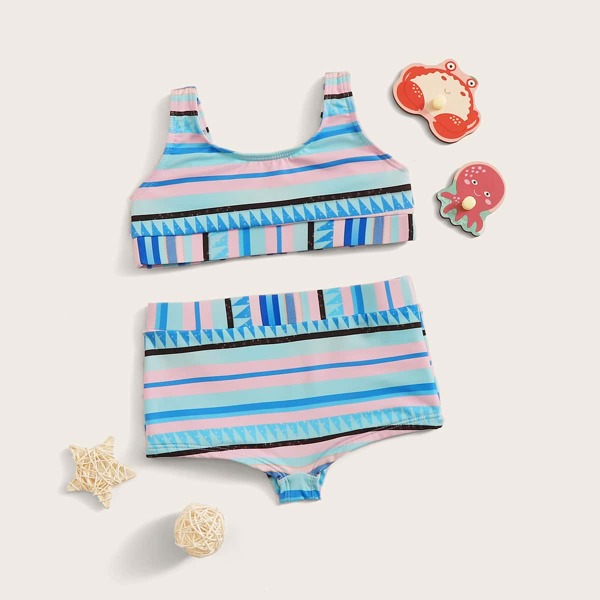 

Toddler Girls Geo Random Print Top With High Waist Bikini Set, Multicolor