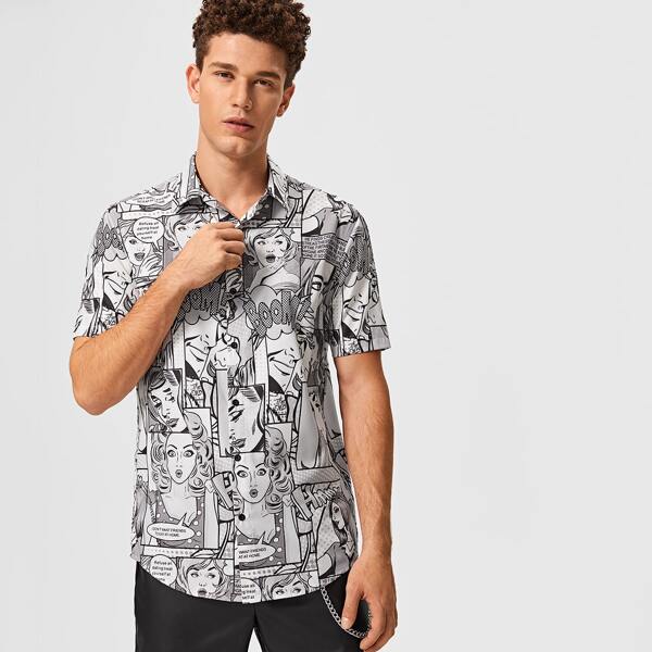 

Men Comic Print Curved Hem Shirt, Black and white