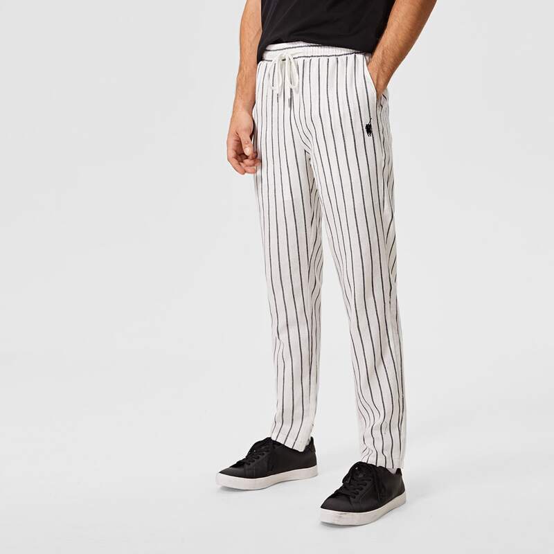 

Guys Embroidered Detail Slant Pocket Striped Pants, Black and white
