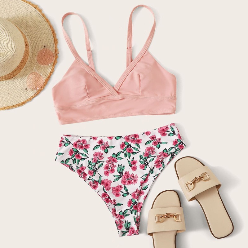 

Adjustable Strap Top With Floral Random Print High Waist Bikini Set, Multicolor