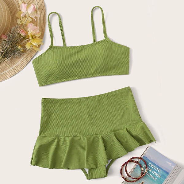 

Rib Top With Skorts Bikini Set, Green